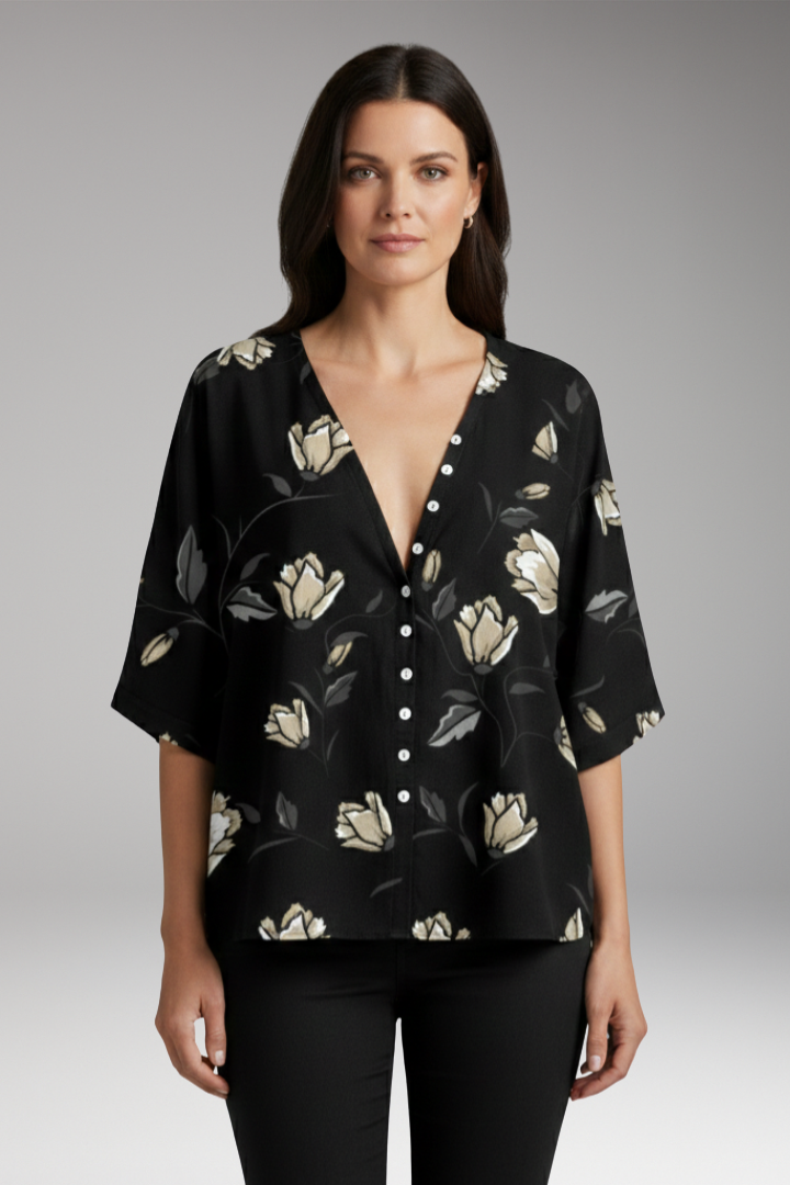 Women's Blouse with Floral Print and V-Neck