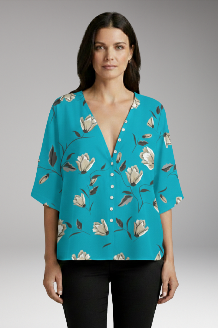 Women's Blouse with Floral Print and V-Neck