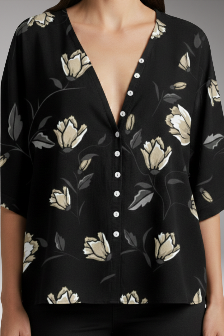 Women's Blouse with Floral Print and V-Neck