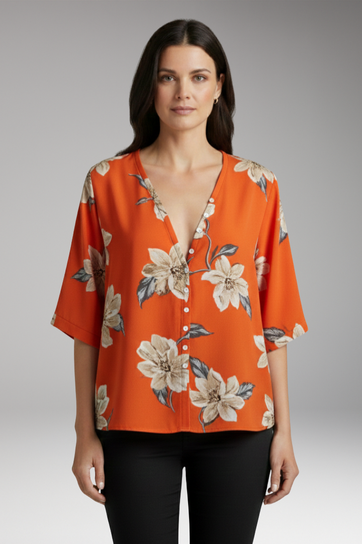 Women's Blouse with Floral Print and V-Neck