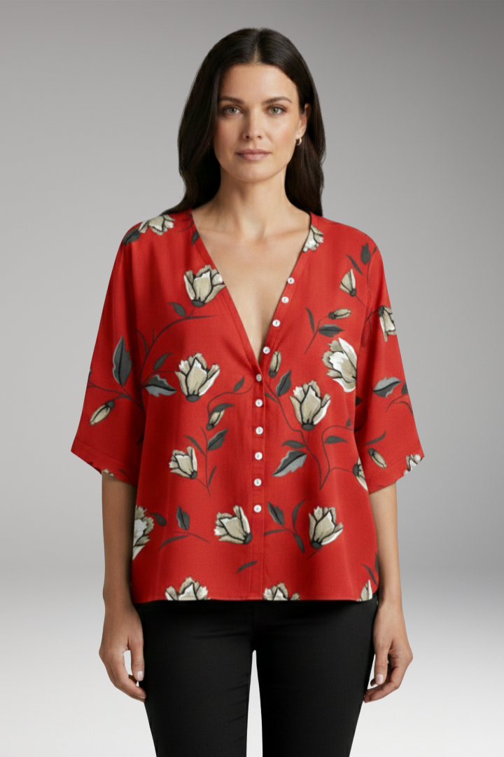 Women's Blouse with Floral Print and V-Neck