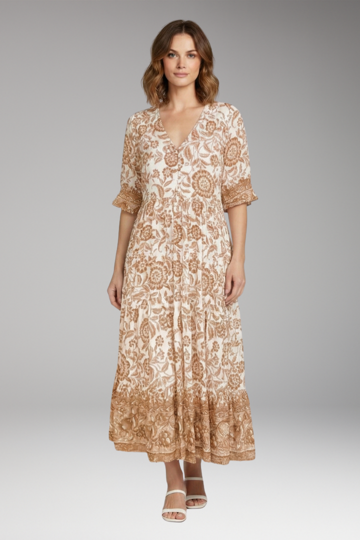 Women's Boho Floral Dress with V-Neck and Relaxed Fit