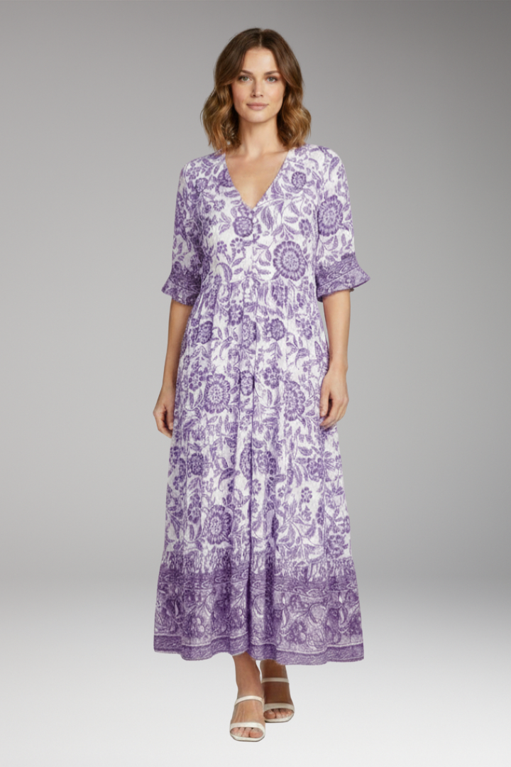 Women's Boho Floral Dress with V-Neck and Relaxed Fit