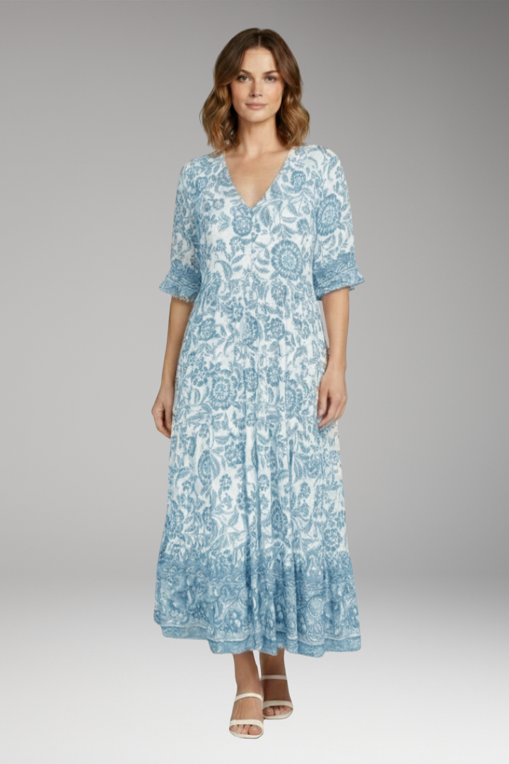Women's Boho Floral Dress with V-Neck and Relaxed Fit