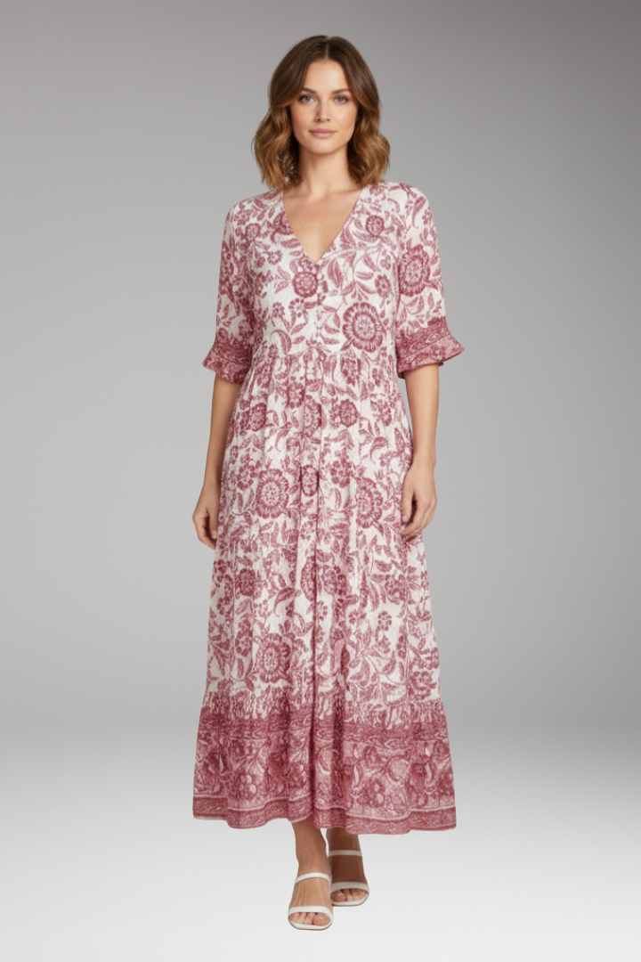 Women's Boho Floral Dress with V-Neck and Relaxed Fit