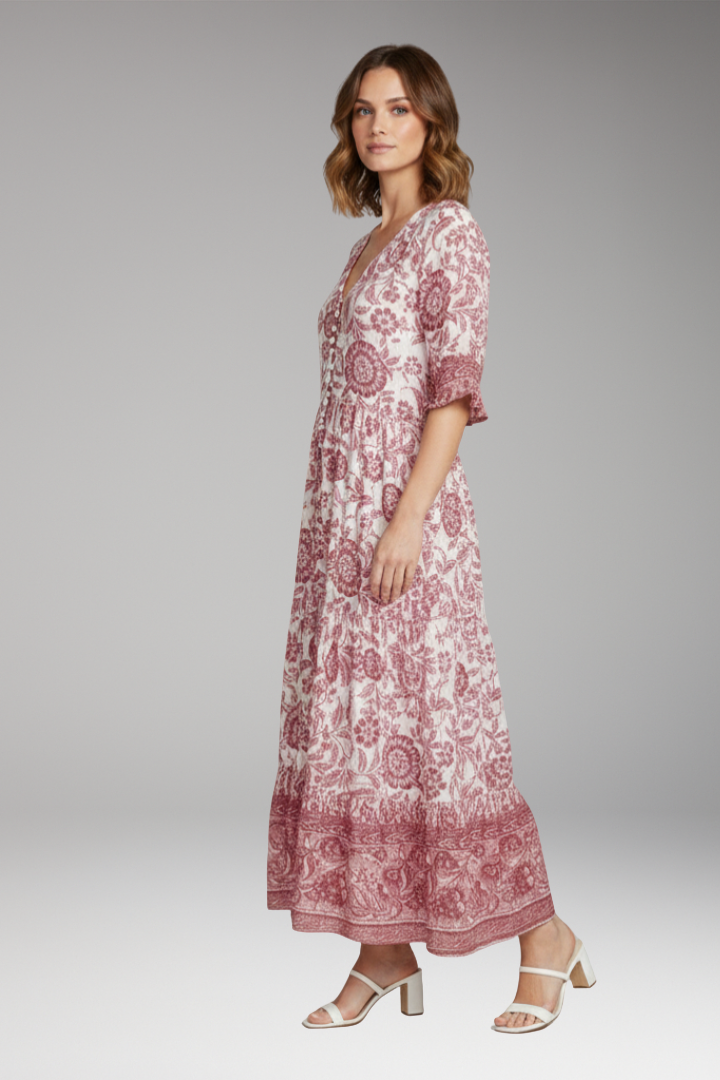 Women's Boho Floral Dress with V-Neck and Relaxed Fit