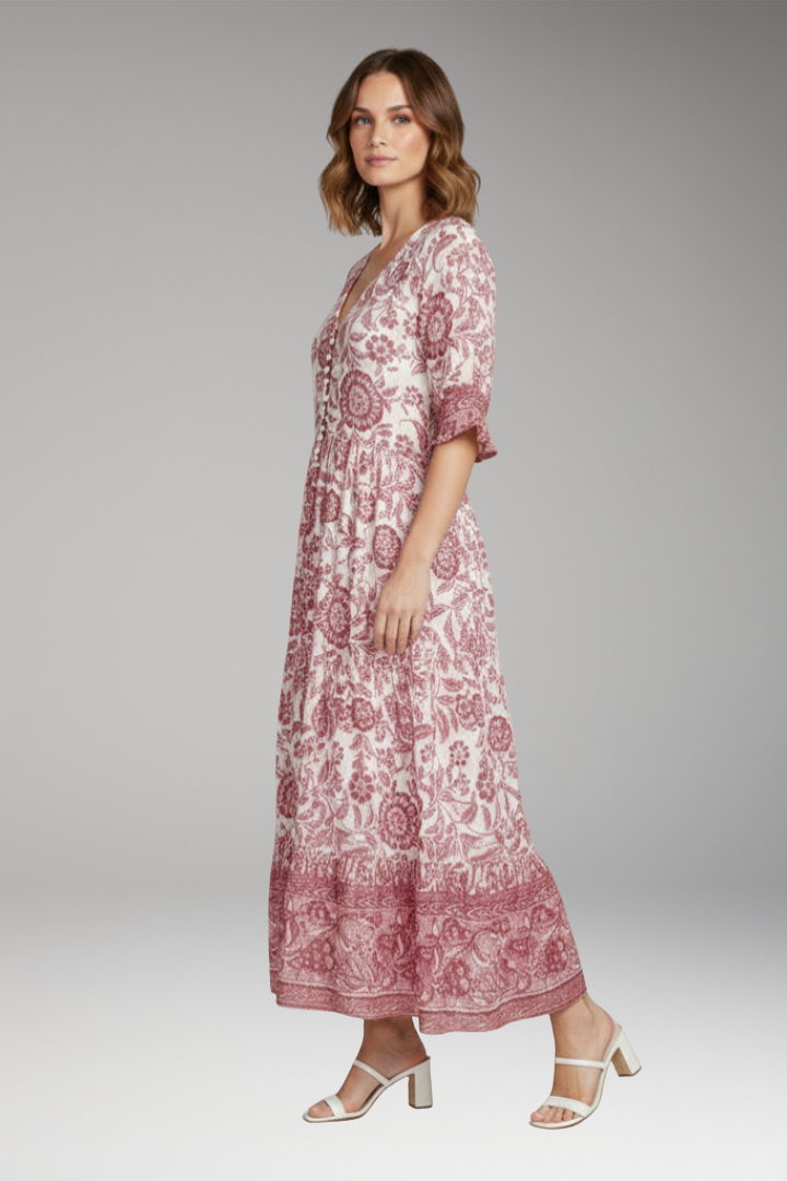 Women's Boho Floral Dress with V-Neck and Relaxed Fit