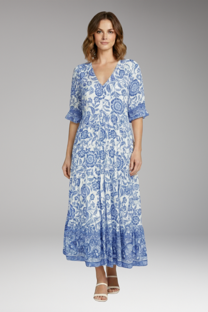 Women's Boho Floral Dress with V-Neck and Relaxed Fit