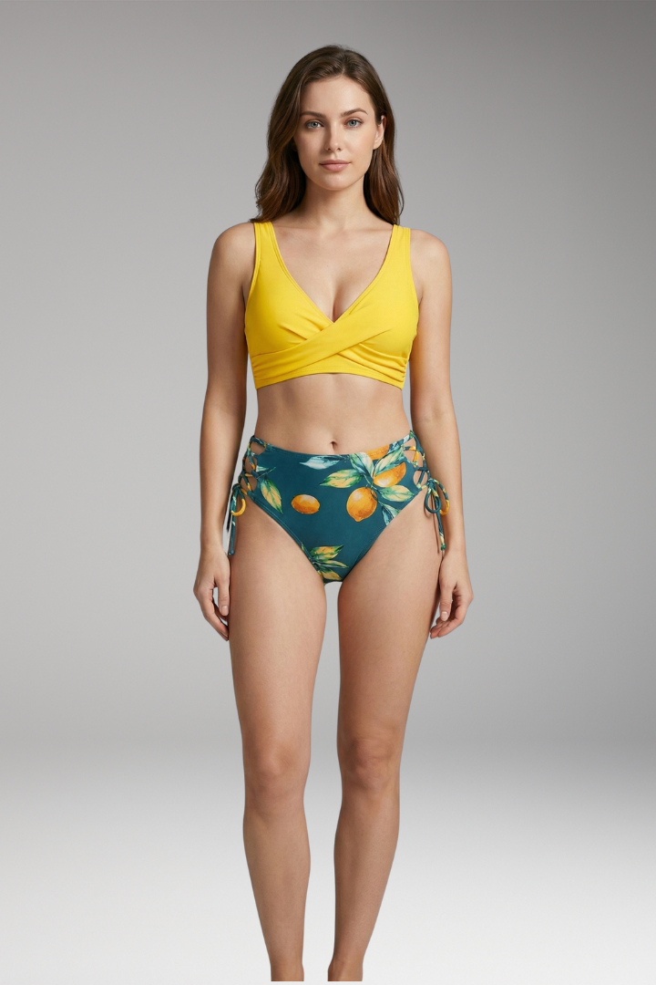 Women's Crisscross Bikini Set with Floral Print and High-Waisted Bottom