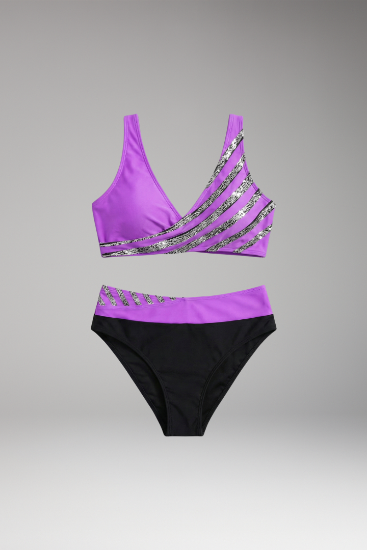 Women's Glitter Striped Bikini with High-Waisted Bottoms