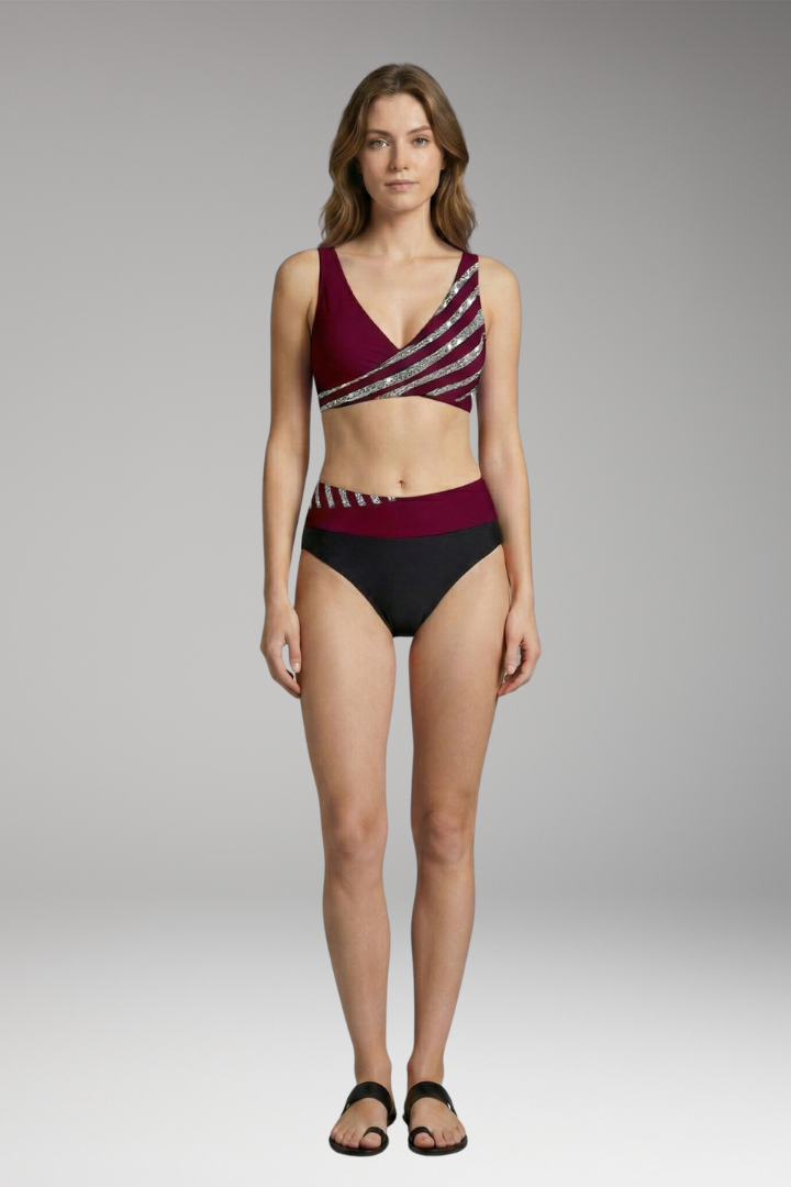 Women's Glitter Striped Bikini with High-Waisted Bottoms