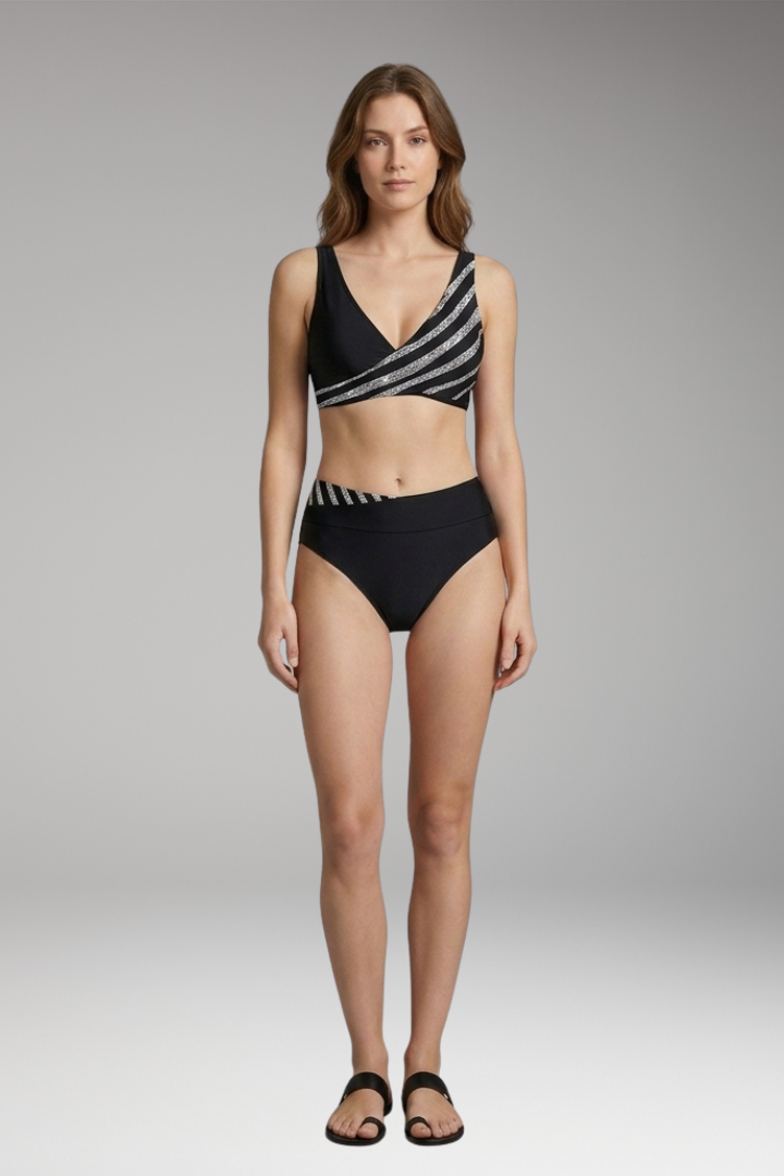 Women's Glitter Striped Bikini with High-Waisted Bottoms
