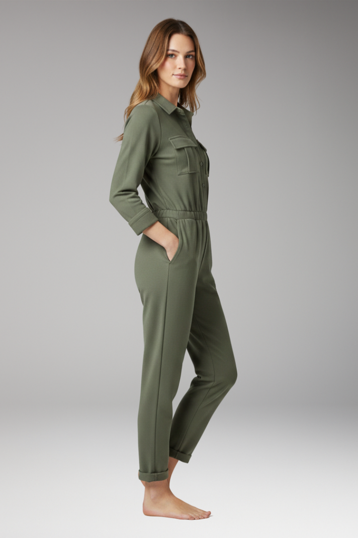 Women's Jumpsuit with Button Placket and Elastic Waistband