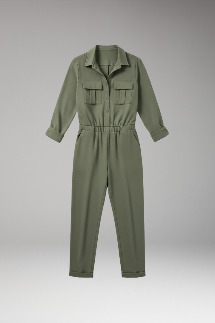 Women's Jumpsuit with Button Placket and Elastic Waistband