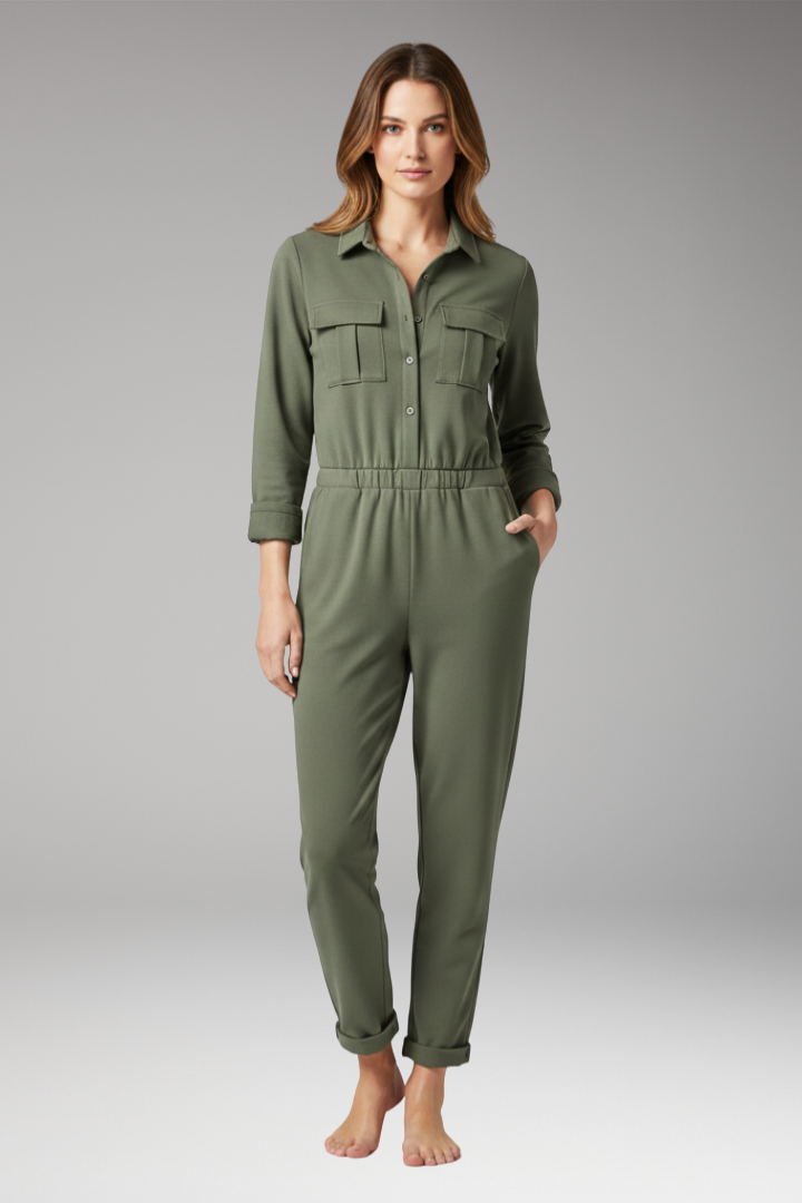 Women's Jumpsuit with Button Placket and Elastic Waistband