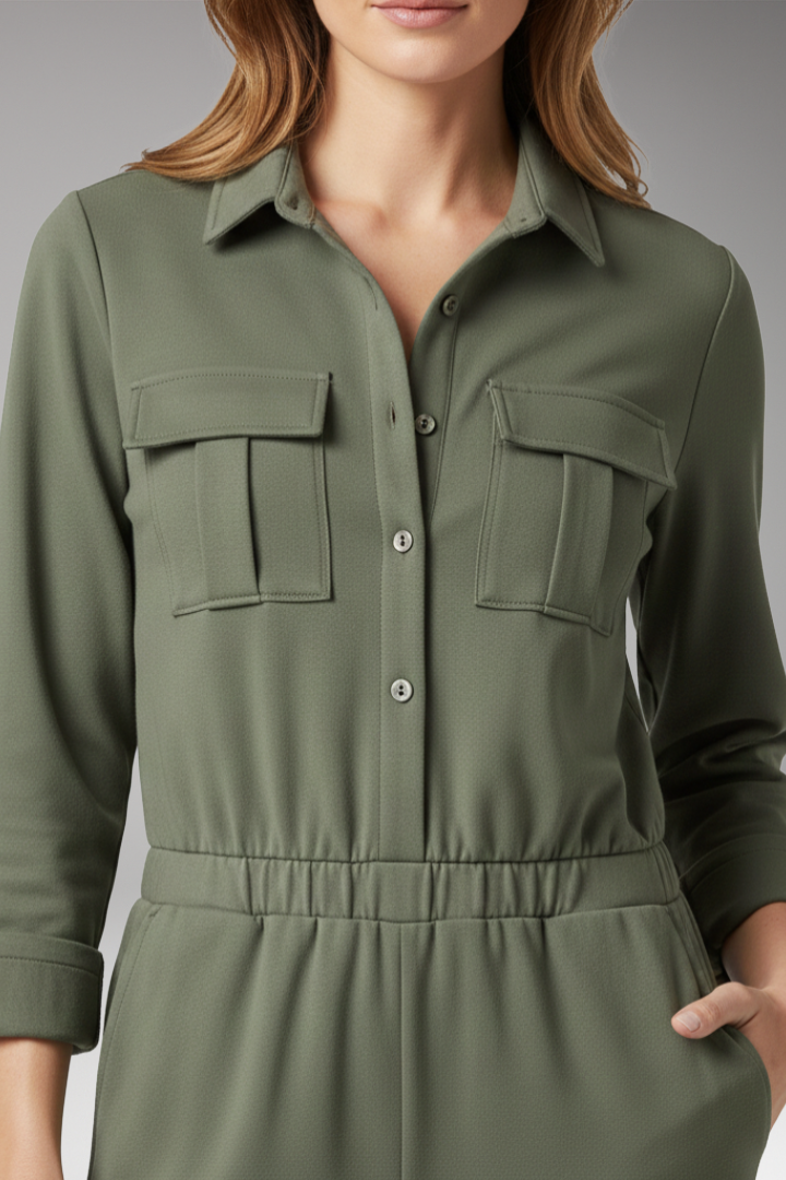 Women's Jumpsuit with Button Placket and Elastic Waistband