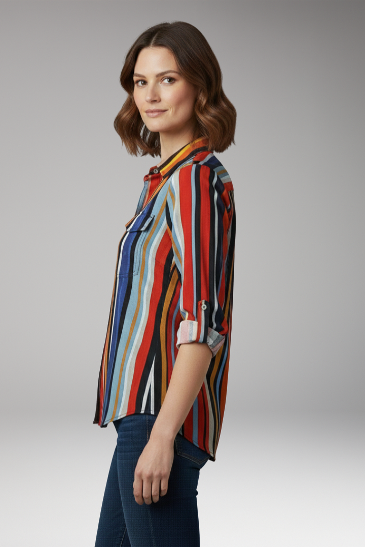 Women's Loose-Fit Shirt with Button Placket and Vertical Stripes