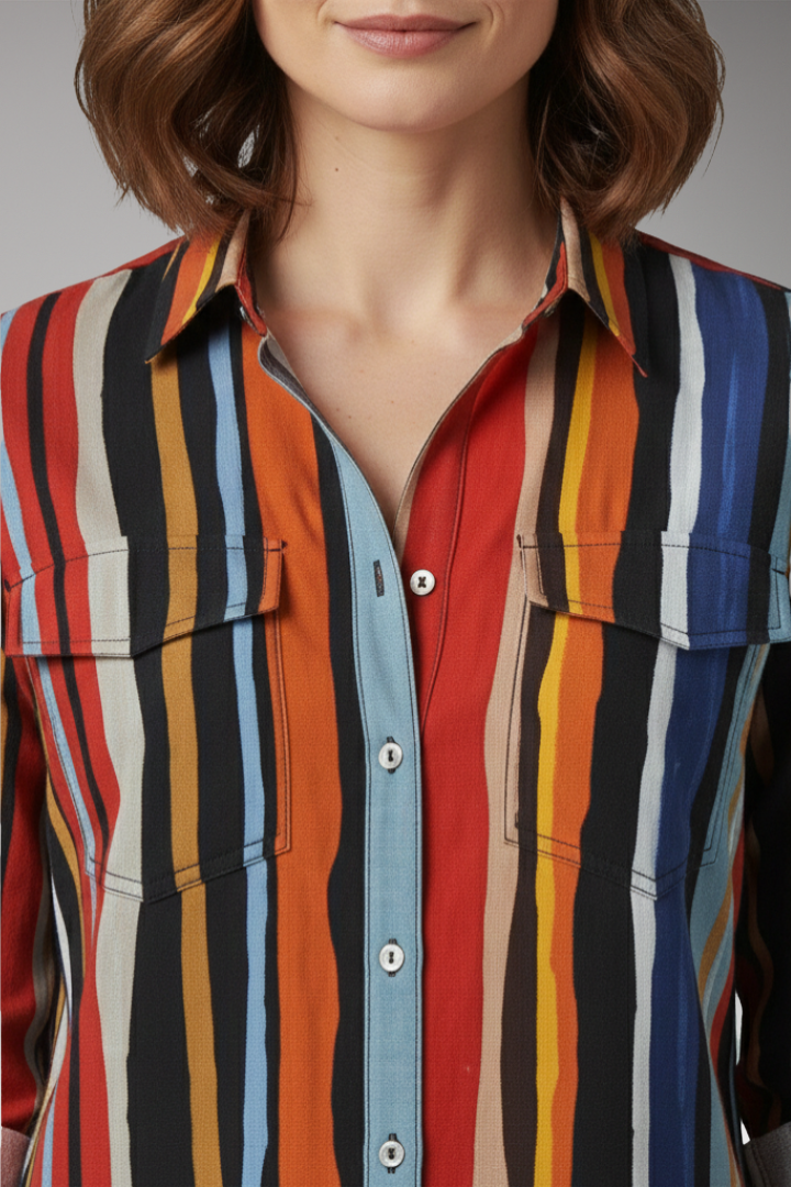 Women's Loose-Fit Shirt with Button Placket and Vertical Stripes
