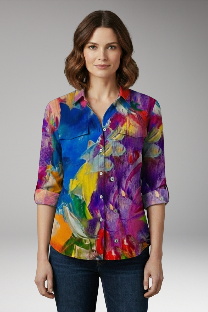 Women's Loose-Fit Shirt with Button Placket and Vertical Stripes
