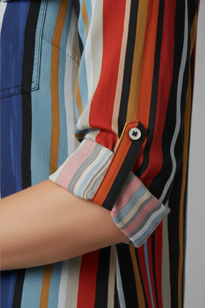 Women's Loose-Fit Shirt with Button Placket and Vertical Stripes