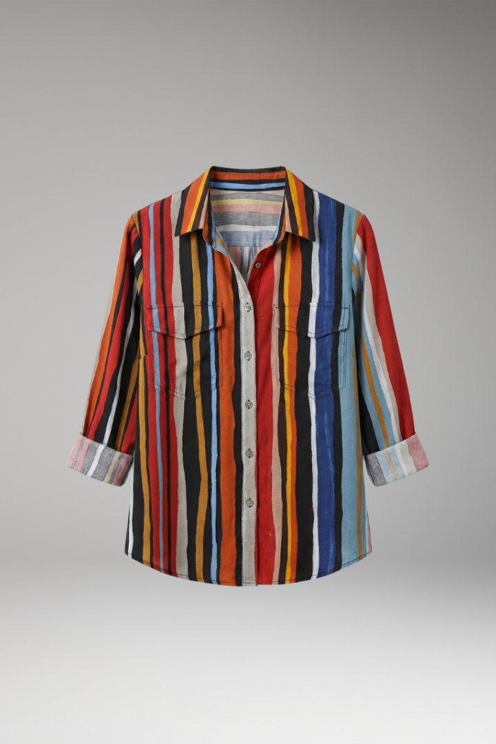 Women's Loose-Fit Shirt with Button Placket and Vertical Stripes
