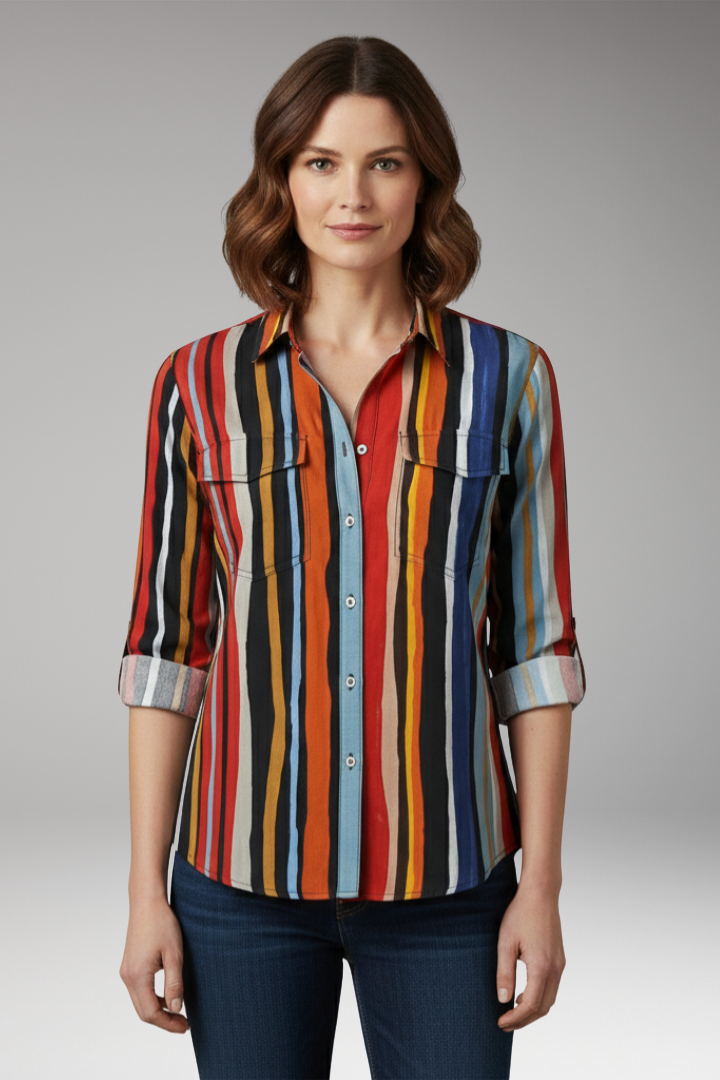 Women's Loose-Fit Shirt with Button Placket and Vertical Stripes