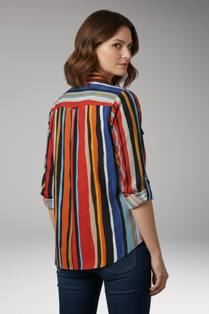 Women's Loose-Fit Shirt with Button Placket and Vertical Stripes