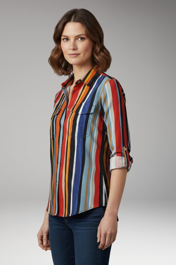 Women's Loose-Fit Shirt with Button Placket and Vertical Stripes