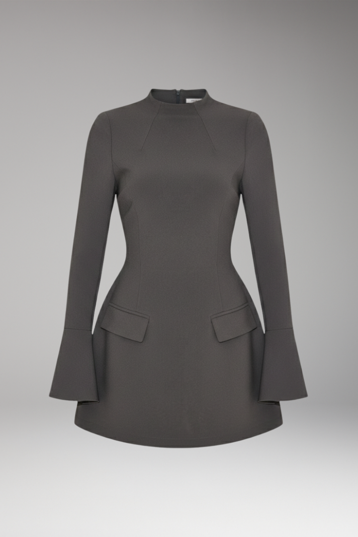 Women's Mini Dress with Long Sleeves and Stand-Up Collar