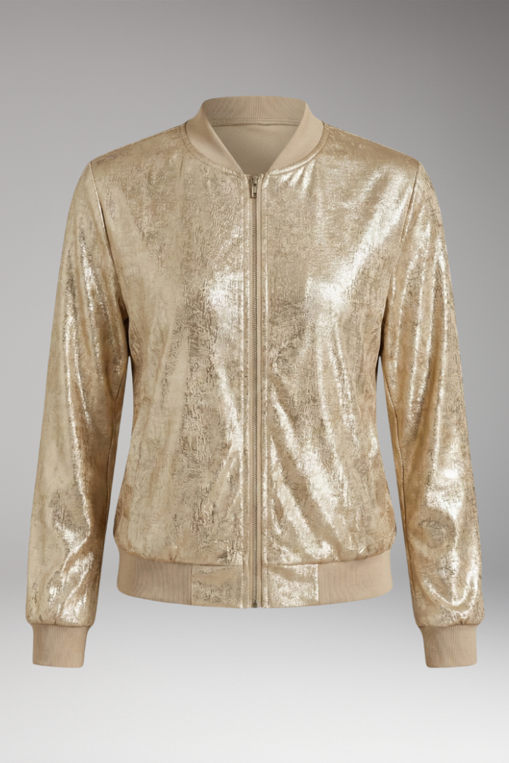 Women's Shiny Bomber Jacket with Elastic Cuffs and Side Pockets