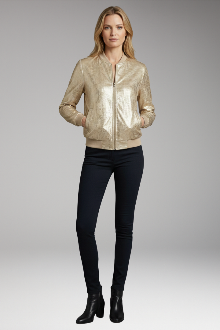 Women's Shiny Bomber Jacket with Elastic Cuffs and Side Pockets
