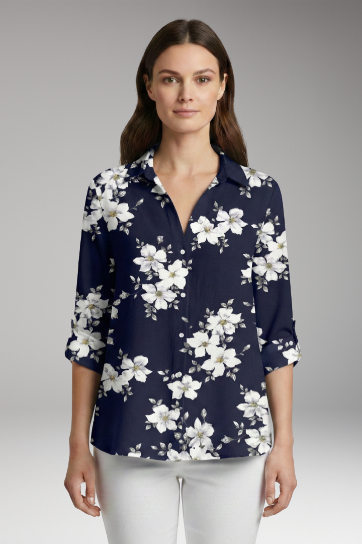 Women's Top with Floral Print and Long Sleeves