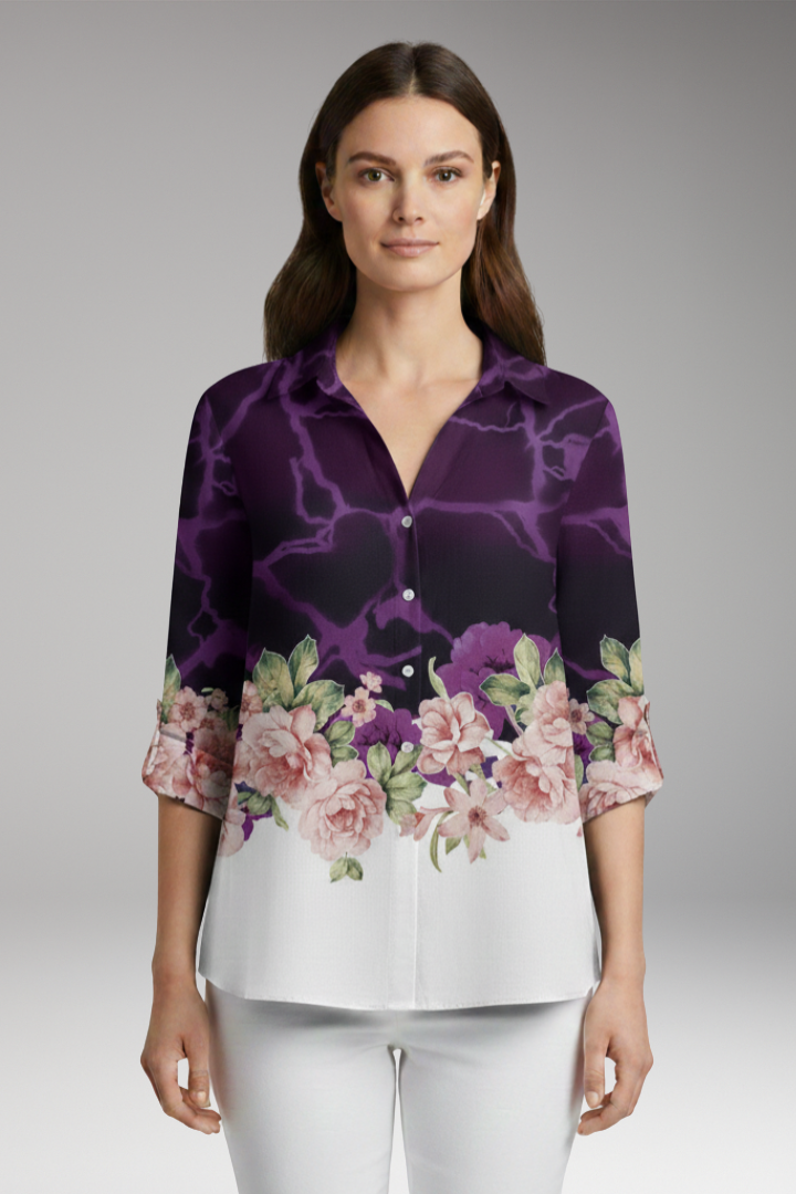 Women's Top with Floral Print and Long Sleeves