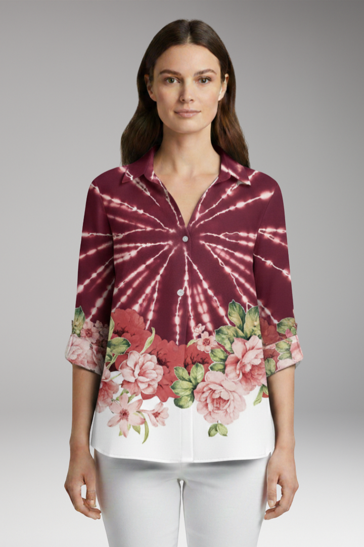 Women's Top with Floral Print and Long Sleeves