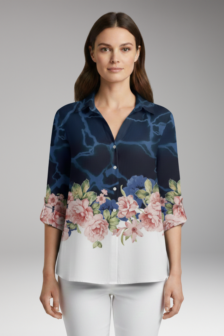 Women's Top with Floral Print and Long Sleeves