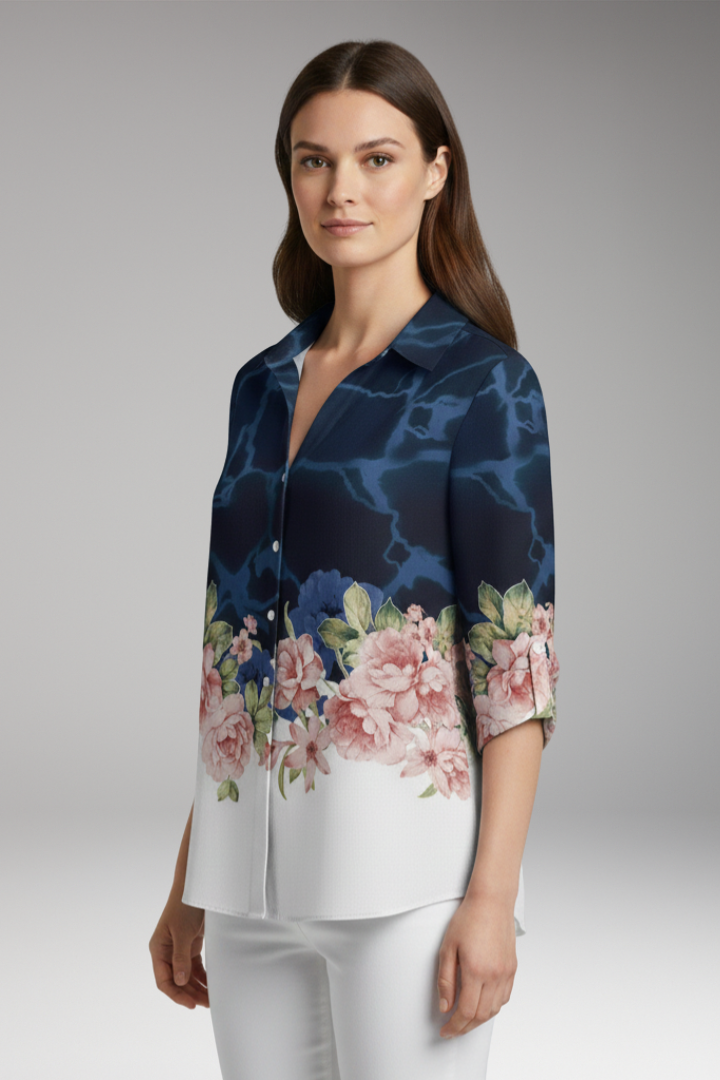 Women's Top with Floral Print and Long Sleeves