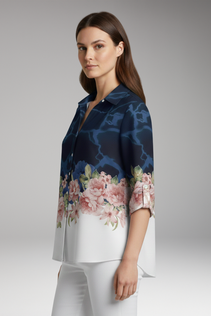 Women's Top with Floral Print and Long Sleeves