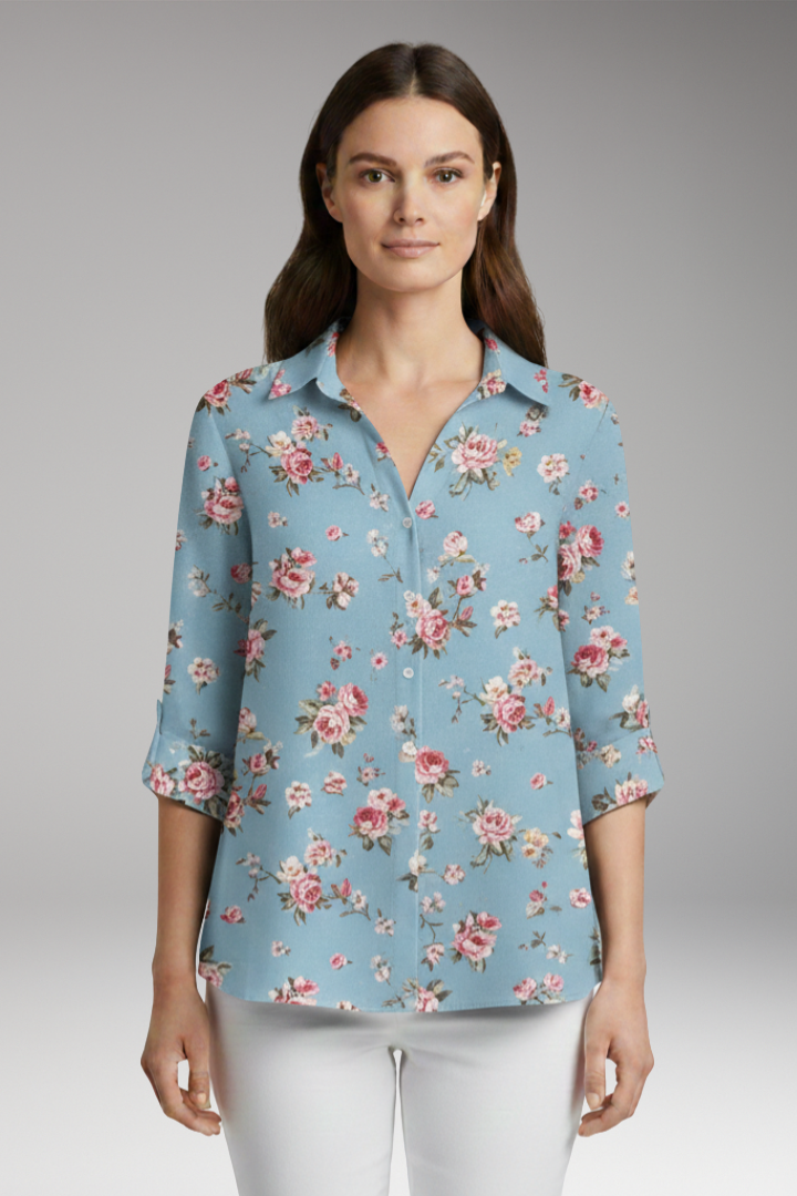 Women's Top with Floral Print and Long Sleeves