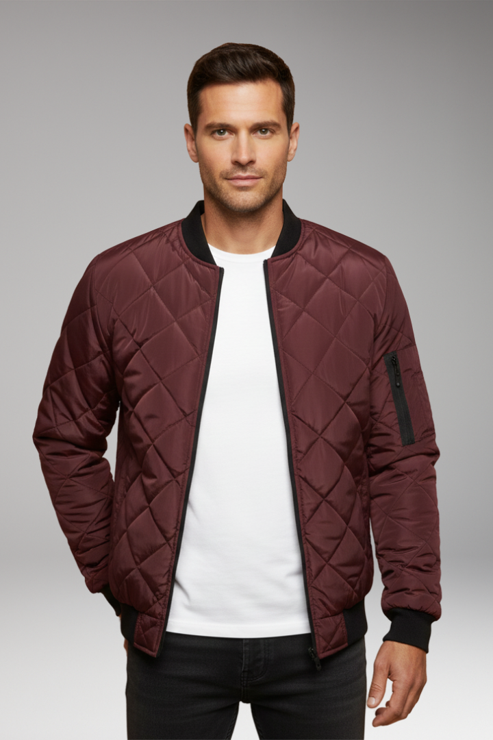 Men's Padded Jacket with Stand Collar and Zipper