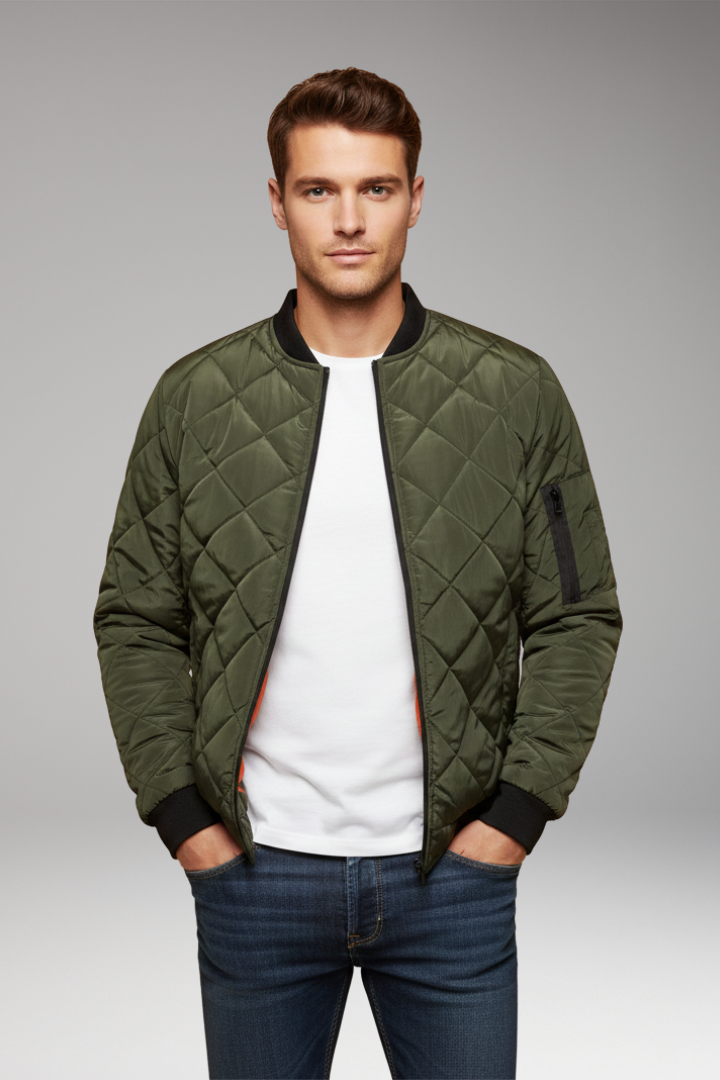 Men's Padded Jacket with Stand Collar and Zipper
