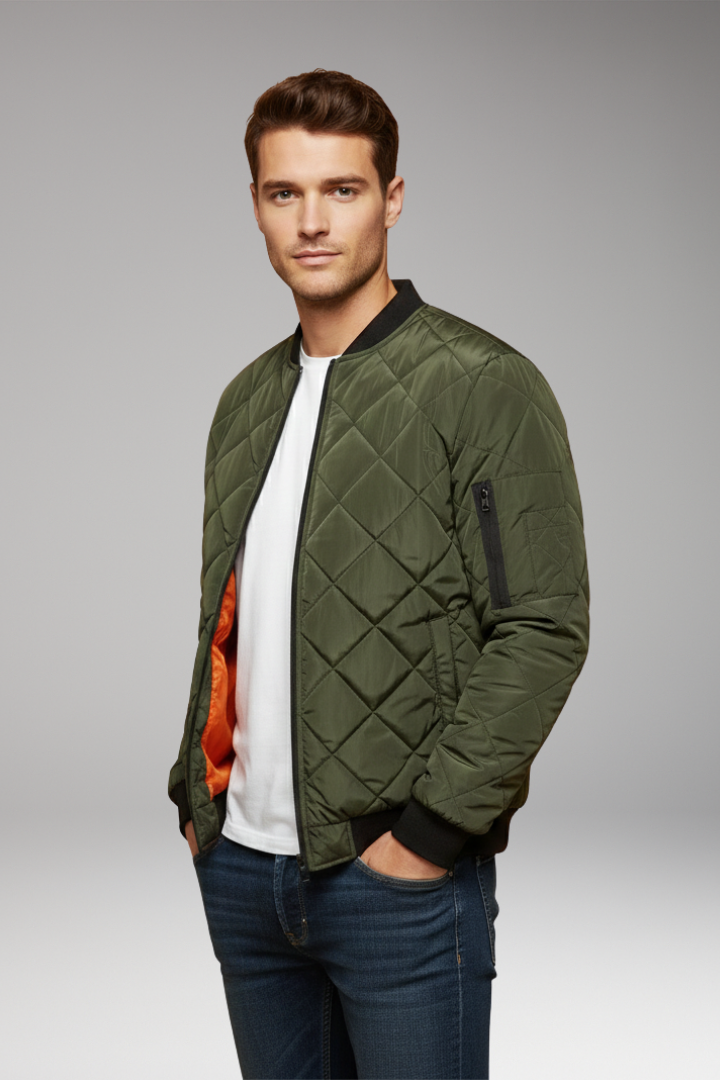 Men's Padded Jacket with Stand Collar and Zipper