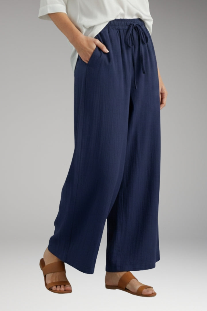 Women's Wide-Leg Trousers with High-Waisted Fit and Drawstring Waistband