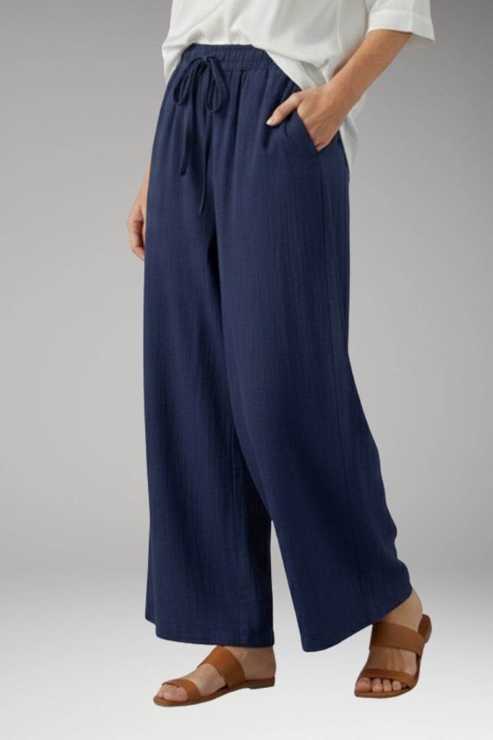 Women's Wide-Leg Trousers with High-Waisted Fit and Drawstring Waistband