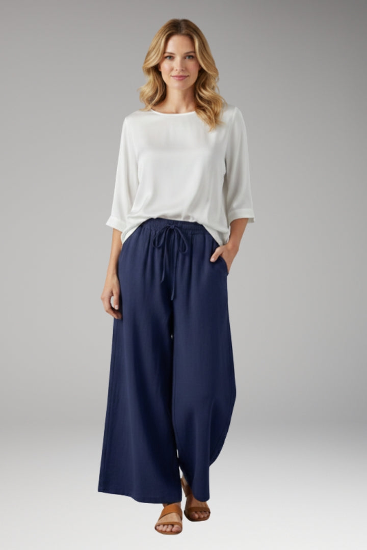 Women's Wide-Leg Trousers with High-Waisted Fit and Drawstring Waistband