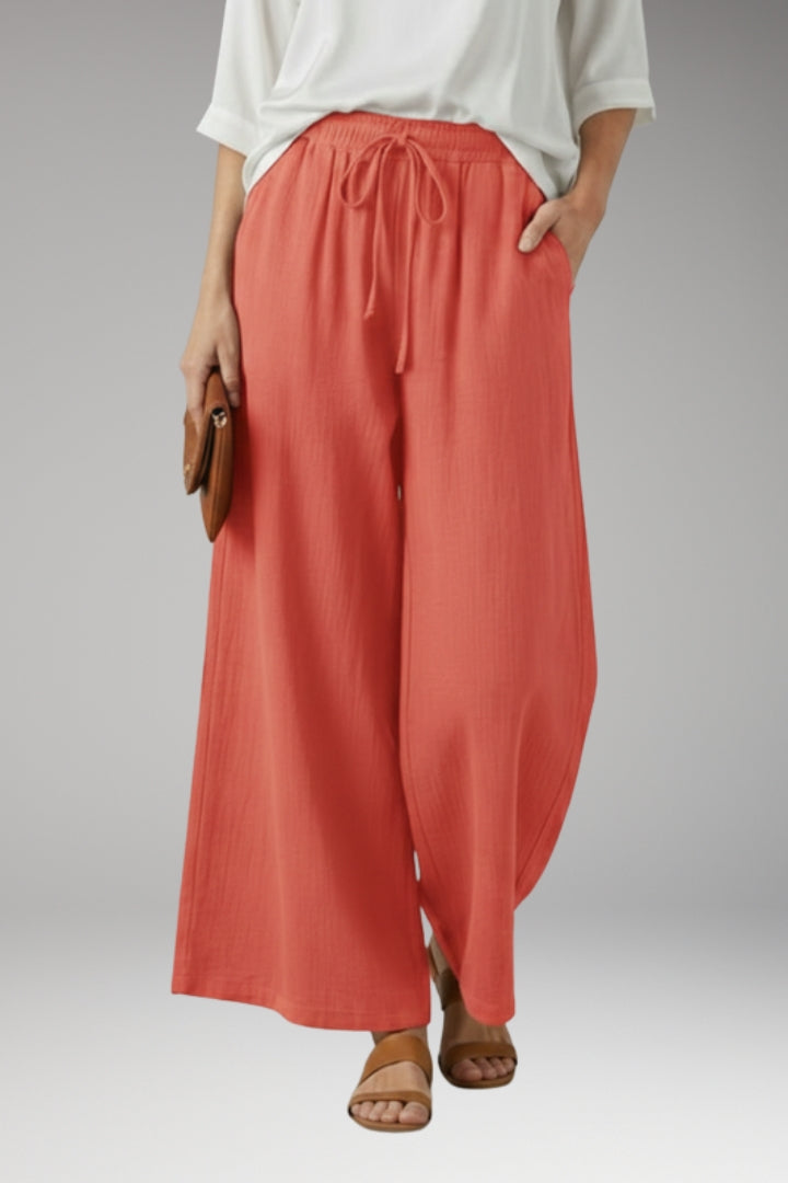 Women's Wide-Leg Trousers with High-Waisted Fit and Drawstring Waistband