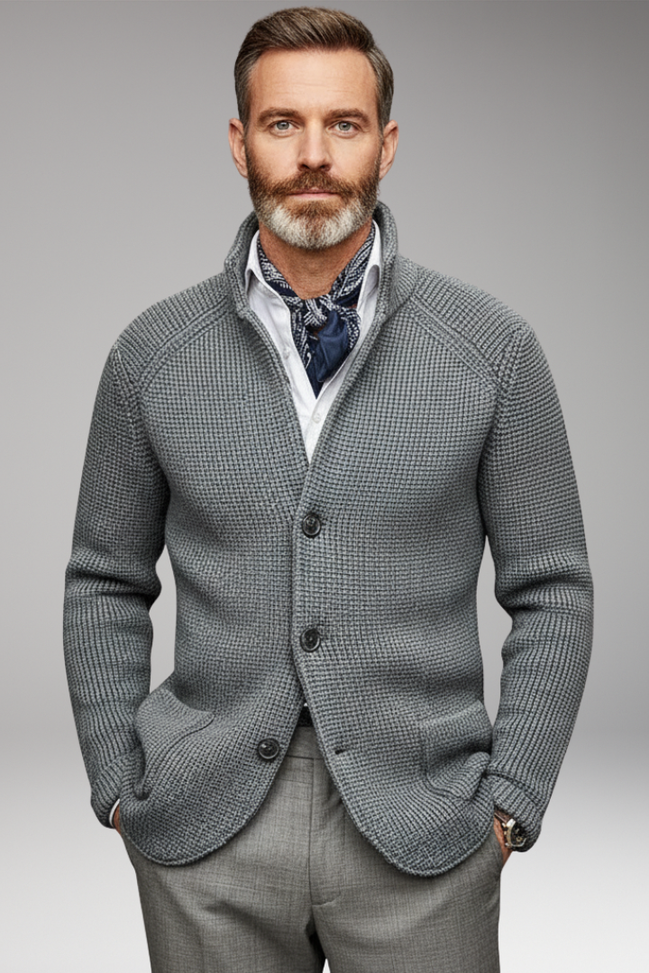 Men’s Knit Blazer with Stand Collar and Pockets