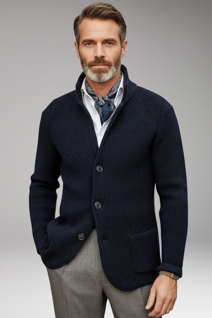 Men’s Knit Blazer with Stand Collar and Pockets