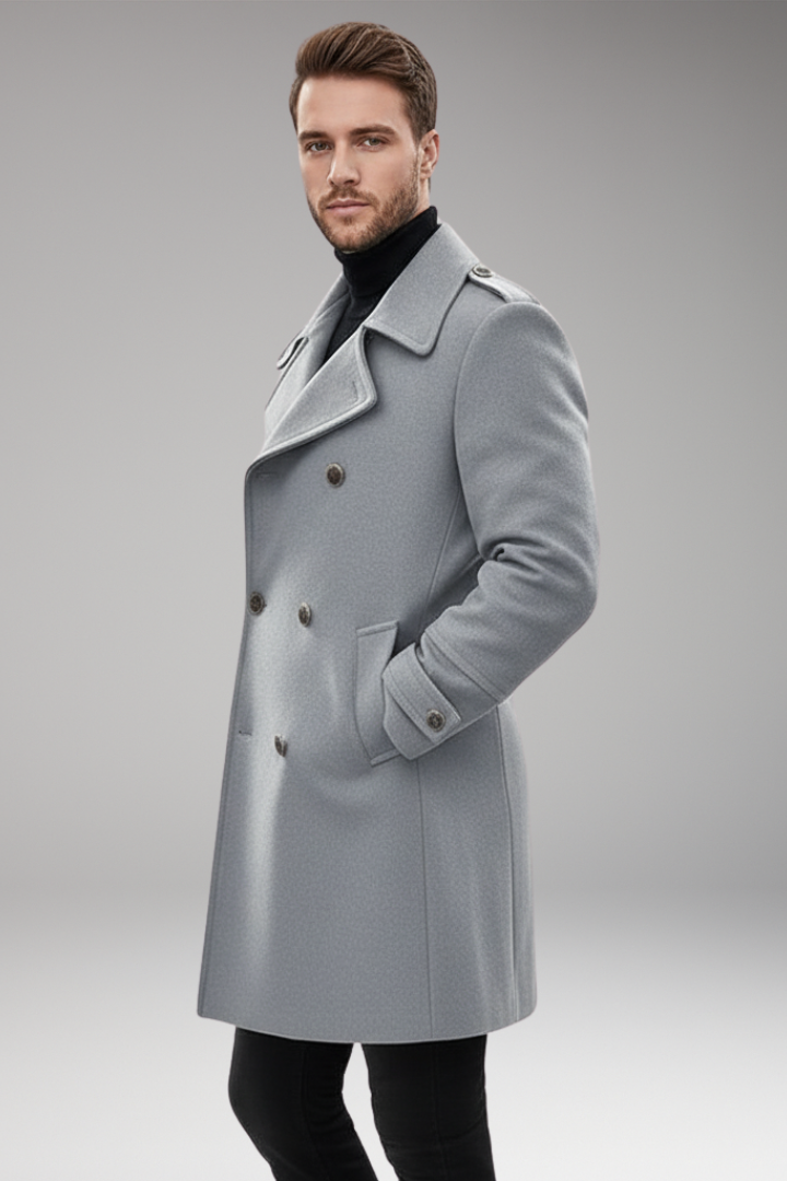 Men's Mid-Length Coat with Lapel and Buttons