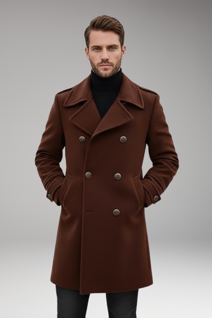 Men's Mid-Length Coat with Lapel and Buttons