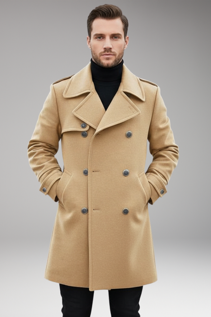 Men's Mid-Length Coat with Lapel and Buttons